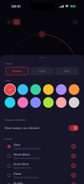 Settings: theme, twelve colours, eight sounds
